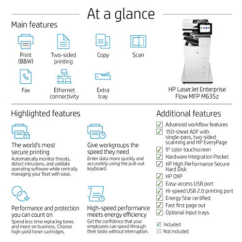 HP LaserJet Enterprise Flow MFP M635z Monochrome All-in-One Printer with built-in Ethernet, 2-sided printing, high-capacity input feeder, wheeled stand & 3-bin stapler/stacker (7PS99A)