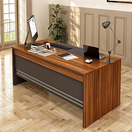 Casa Mare 71" Wood Home Office Furniture Set of 4pcs | Executive Desk w/Leather Pad & Lockable File Drawers | Storage Cabinet & Modern Coffee Table