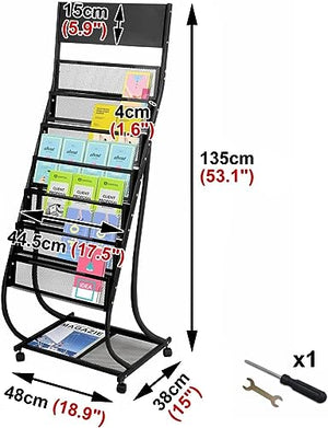 HACSYP Brochure Display Stand with Wheels, Floor-Standing Magazine Holder (Black)