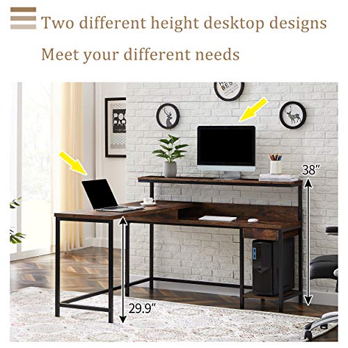 Merax L-Shaped Computer Monitor Shelf and CPU Stand, Industrial Corner Office Study Large Workstation Desk Table, 55.9" L x 55.1" W x 38" H, Tiger
