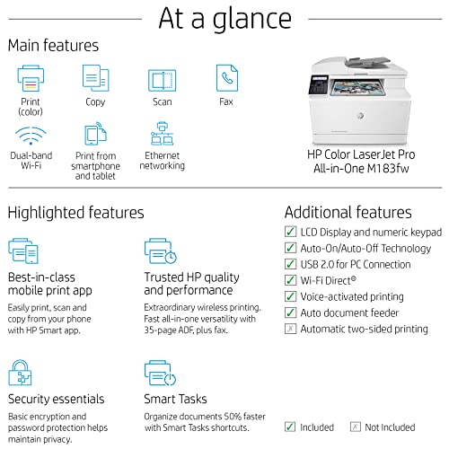 HP Laserjet Pro M183fw Wireless Color All-in-One Laser Printer - Print Scan Copy Fax - 16 ppm, 600 dpi, Voice-Activated, Manual Duplex Printing, 35-Page ADF