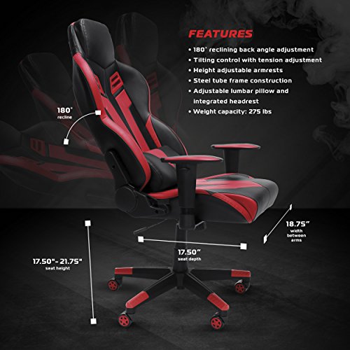 RESPAWN-104 Racing Style Gaming Chair - Reclining Ergonomic Leather Chair, Office or Gaming Chair (RSP-104-RED)