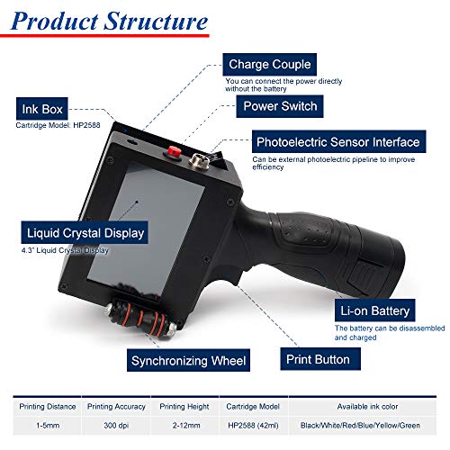 Handheld Portable Printer Portable Intelligent High Definition Handheld Inkjet Printer Gun Handheld Smart Date Coder Inkjet Printer LED Screen Display Ink Coding Machine for Trademark, Logo, Graphic,