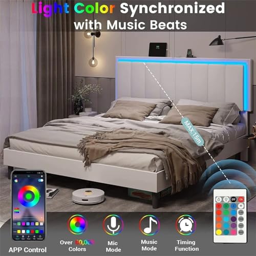 LDCLHG LED Queen Size Leather Upholstered Platform Bed with Adjustable Headboard
