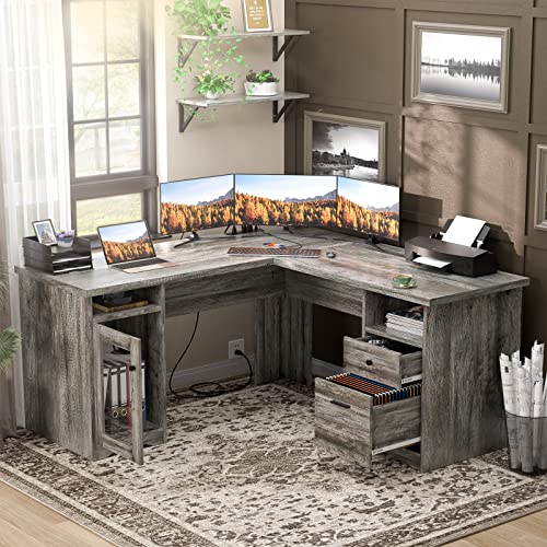 Unikito L Shaped Desk with Drawers, USB Charging Port, Power Outlet - 60 Inch, Black Oak