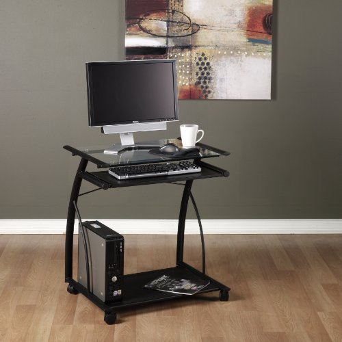 Calico Designs 50100 L-Shaped Computer Cart with Clear Glass, Black