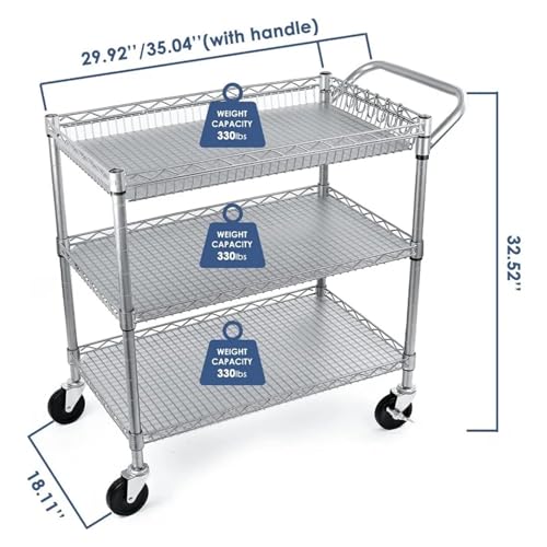 WAOCEO Kitchen Storage Cart Heavy Duty 3 Tier Utility Cart with Wheels, 990Lbs Capacity Commercial Grade Rolling Utility Cart