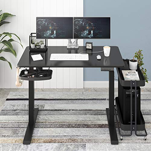 PUTORSEN Electric Height Adjustable Standing Desk, 48 x 24 Inches Sit Stand Home Office Table with Splice Board, Black Frame/Black Top Stand Up Computer Desk with Memory Preset Controller