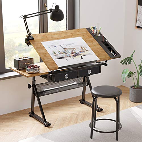 Lgan Height Adjustable Drawing Desk, Tiltable Craft Table with Storage, Maple Panel Art Desk, for Home Office Drafting Table