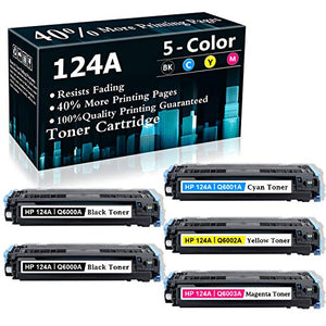 5-Pack (2BK+1C+1M+1Y) 124A Q6000A Q6001A Q6002A Q6003A Remanufactured Ink Cartridge Replacement for HP Color Laserjet 1600 2600n 2605n 2605dn CM1017mfp Printer Ink Cartridge