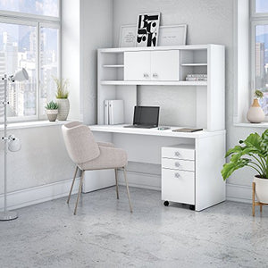 Office by kathy ireland Echo Credenza Desk with Hutch and Mobile File Cabinet in Pure White