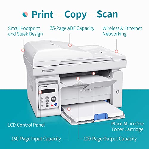All in One Laser Printer Scanner Copier with Auto Document Feeder, Wireless Multifunction Black and White Laser Printer, Pantum M6552NW(W4G61A) White with PB-211 Toner