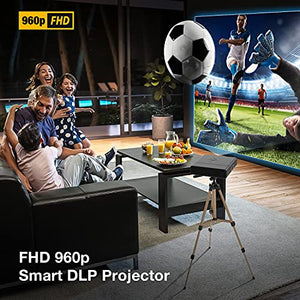 REXING PK2 Smart Projector Full HD 350 ANSI Lumens,3D Video, Digital Zoom, 30-120” DLP Projector, Android, HDMI, USB, WiFi, Miracast, YouTube, Netflix, Included Swivel Stand, Home Entertainment