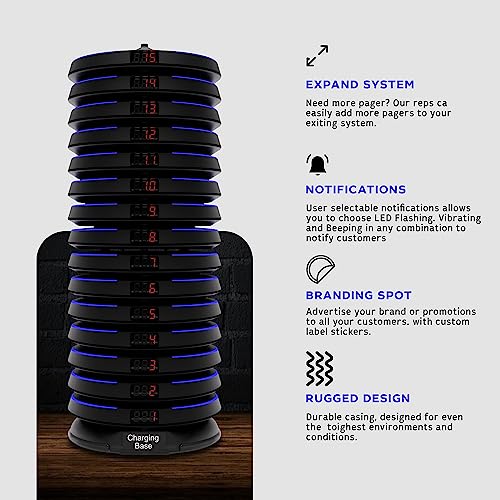 PagerTec Wireless Smart Stack EVO Pagers Calling System for Restaurants, Hospitals, Office & Hotels | 1 Transmitter, 1 Charging Bases & 50 Long Range Blue Pagers