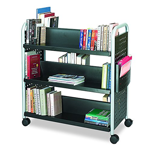 Safco Double-Sided Book Cart - 6 Slanted Shelves, Swivel Wheels, Steel Construction - 300 lb. Capacity - Black, 5335BL