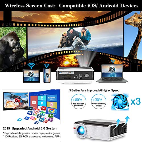 Bluetooth Projector WIFI 5000 Lumens Android Wireless Home Theater Cinema Support Full HD 1080P 200" with HDMI USB VGA Port for iPhone iPad PC Smartphone