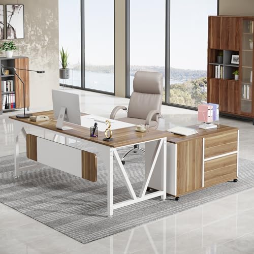 Tribesigns Executive Desk with File Cabinet Combo, L-Shaped Computer Desk, 3 Drawers, White