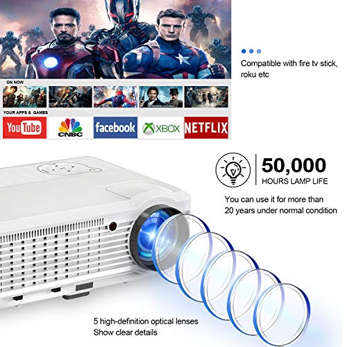 LED Bluetooth Wireless HD Projector with WiFi HDMI USB ZOOM Support 1080P Airplay, Smart Android LCD WXGA Home Cinema Outdoor Movie Game Party TV Video Projectors for Laptop PC Tablet Phone DVD PS4