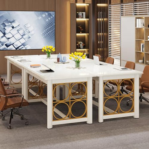 Tribesigns 63" Conference Table with Gold Legs, Glossy Surface - White & Gold