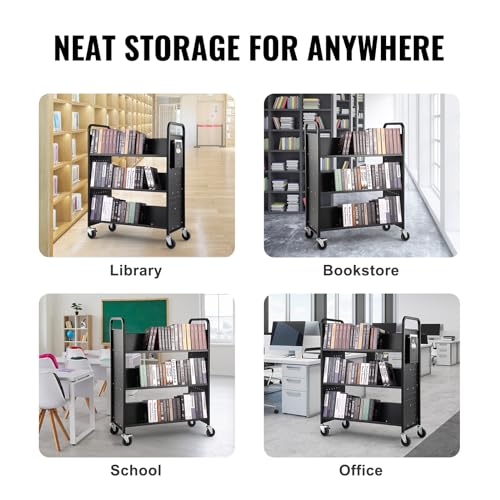 VEVOR Rolling Book Cart, 330 lbs Library Cart, Double Sided W-Shaped Sloped Shelves, 4-Inch Lockable Wheels - Black