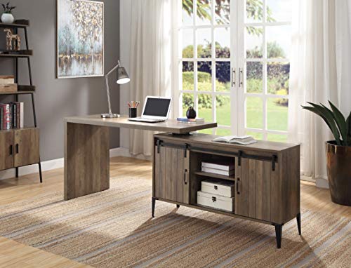 Knocbel Industrial Swivel Computer Desk with Sliding Barn Door Storage Cabinet and Cord Management, Home Office Workstation Writing Desk with Metal Legs (Rustic Oak and Black)