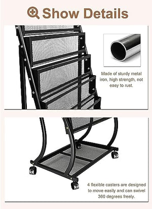 HACSYP Brochure Display Stand with Wheels, Floor-Standing Magazine Holder (Black)