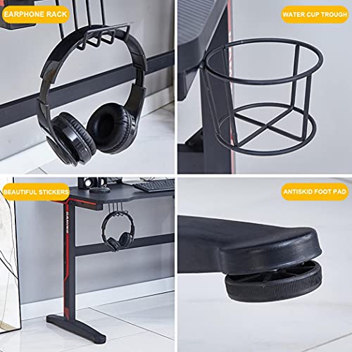 Gaming Desk 47In,Home Office Computer Table, Gamer Workstation with Cup Holder and Earphone Hanger and Two Cable Wire Holes, Black