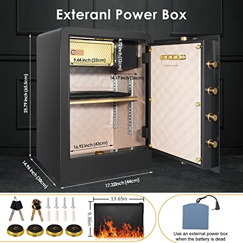 ETE ETMATE 4.0 Cub Large Safe Box Fireproof Waterproof, Digital Home Safe with Fireproof Document Bag, Double Safety Key Lock and LCD Screen, Built In Cabinet Box, Removable Shelf, LED Light, Money Safe for Home Office Hotel (Black, US STOCK)