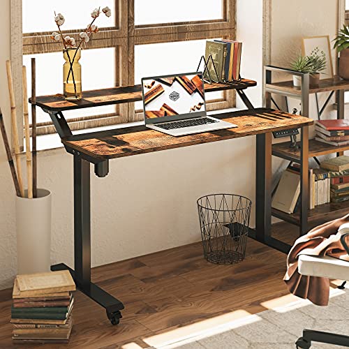 IRONCK Standing Desk, Electric Adjustable Height Desk, Home Office Desks with Shelve, 2-Tier Sit Stand Desk with Wheels, 4 Programmable Preset Controller, Rustic Brown