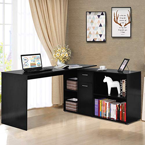 Tangkula L Shaped Desk Corner Desk, Home Office Wood Computer Workstation, Space Saving Computer Desk with Spacious Wooden Surface, Storage Shelves