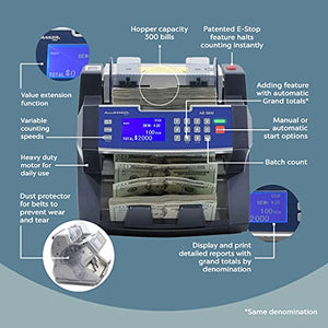 AccuBANKER AB5800 Bank Grade Value Extension Money Counter Machine with Total Value Per Denomination Hopper Capacity 300 Bills & Counterfeit Detector MG + UV (AB5800 with MP20 Thermal Printer)