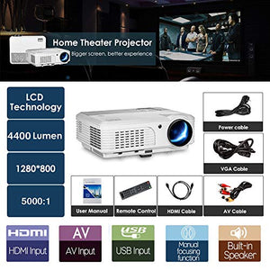 EUG WXGA LCD 1080P Projector Home Theater, 4400 Lumen LED Inside Outside Movie Projectors with Zoom Compatible with TV Stick, HDMI, USB, VGA, Xbox, Laptop for Gaming Sports Matches Artworks Party.