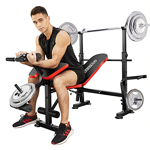 Hicient Olympic Weight Bench with Preacher Curl & Leg Developer for Weight Lifting and Strength Training, 6 Levels Adjustable Professional Weight Bench Set for Indoor Exercise (Red)