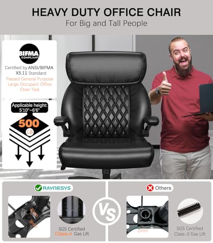 Raynesys Big and Tall Office Chair 500lbs Capacity, High Back Executive Chair with Armrests, Wide Seat, Ergonomic Bonded Leather, Black