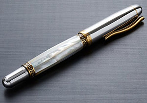 Xezo Maestro Mother of Pearl, Platinum and 18K Gold Finish Medium Point Handcrafted Serialized Fountain Pen. No Two Alike