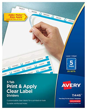Avery Print & Apply Clear Label Dividers, Index Maker Easy Apply Printable Label Strip, 5 White Tabs, 25 Sets, Case Pack of 6 (11446)