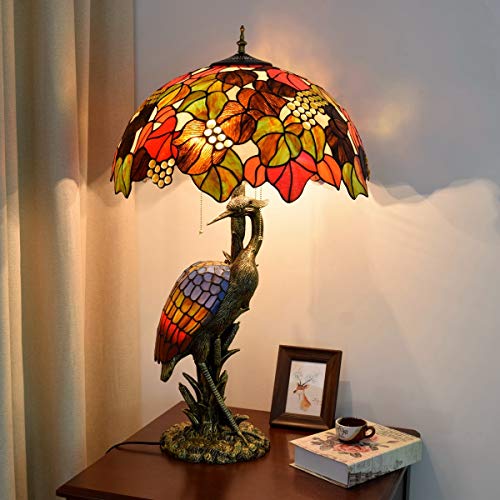 Xihe Tiffany Antique Table Lamp 20" Female Bird Desk Lamp Brown Grape Glass Lampshade