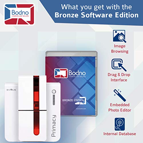 Evolis Primacy Dual Sided ID Card Printer & Complete Supplies Package with Bodno Bronze Edition ID Software