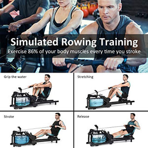 GYMAX Water Rowing Machine, Water Rower with Adjustable Resistance & LCD Display, Easy-Transportation Rower for Whole Body Exercise Cardio Training (Water Resistance)