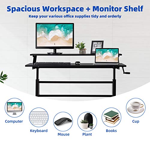 Tangkula Standing Desk, 2-Tier Height Adjustable Sit to Standing Desk, Computer Desk Workstation with Monitor Stand & Foldable Crank Handle, Ergonomic Home Office Desk (Black)