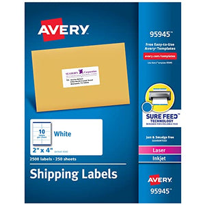 Avery Shipping Address Labels, Laser & Inkjet Printers, 2,500 Labels, 2x4 Labels, Permanent, 2 Packs (95945)