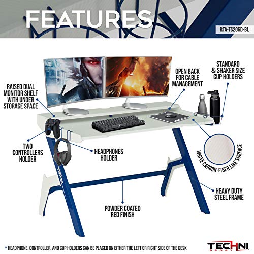 Techni Sport Computer Gaming Desk with Cupholder and Headphone Hook, Small Laptop Table for Home and Office, Blue