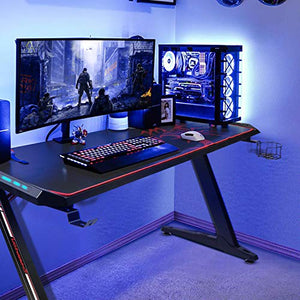 60'' RGB Gaming Desk AuAg Z Shaped Gaming Table with Large Fully Cover Mouse Pad,Home and Office PC Computer Desk LED Gamer Desk Racing Style Workstation with Headphone Hanger and Cup Holder
