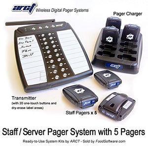 Wireless Staff Server Paging System Kit with Transmitter and 5 Pagers - Newest Design - 1 Year Warranty