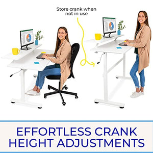 Stand Steady Tranzendesk 55 Inch Standing Desk with Clamp-On Shelf | Crank Height Adjustable Stand Up Workstation with Attachable Monitor Riser | Extra Large Sit Stand Desk Hold 3 Monitors (White)