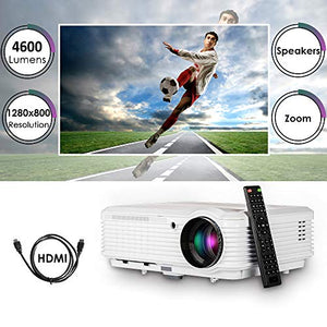 Video Projector 1080P Home Theater, 2019 Upgraded 4600 Lumen LED Wxga Outdoor Movie Projectors Daylight Multimedia Proyector with HDMI USB RCA VGA AV Zoom Speakers for Game Console Laptop PC DVD TV