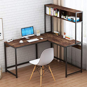 L-Shaped Computer Office Desk, with Book Shelves, 55" Corner Gaming Desk,Office Writing Workstation, Study Writing Desk Business Furniture for Home Office, Space-Saving, Easy to Assemble (Brown)