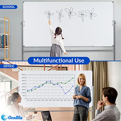 OCNBLU Mobile White Board 72"x36" - Magnetic Dry Erase Board with Lockable Wheels - Multipurpose Double-Sided Board for Home, Office, Classroom Use - Adjustable Height, Fixed Angle, 360-Degree Flip