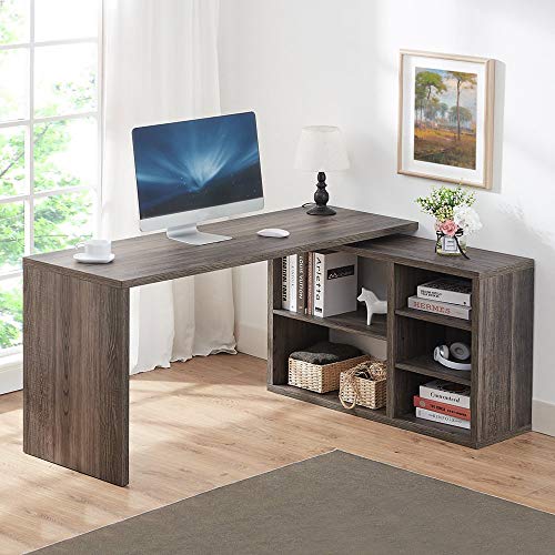 HSH L Shaped Computer Desk, Rustic Wood Corner Desk, Industrial Writing Workstation Table with Cabinet Drawer Storage for Home Office Study, Grey 60 inch