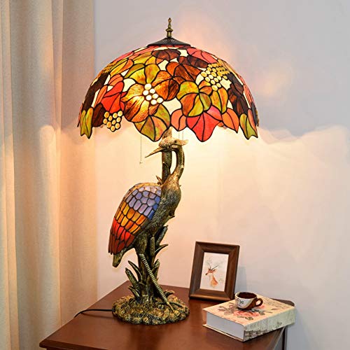 Xihe Tiffany Antique Table Lamp 20" Female Bird Desk Lamp Brown Grape Glass Lampshade